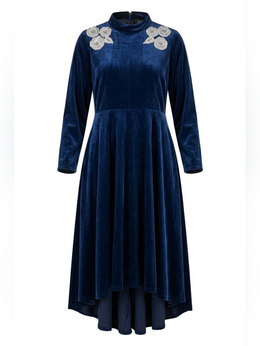 Swish Boss Navy Blue Velvet High-Low Embellished Midi Gown Dress